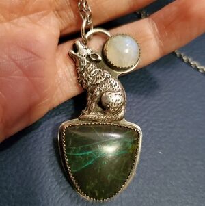 Ooak Etsy Artisan Howling Wolf Moonstone Moon Necklace Sterling Silver Handmade